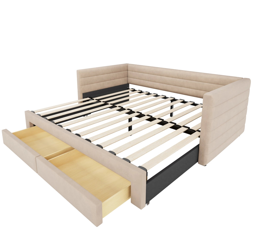 Divano letto beige 207x189x74 cm in cotone e lino con 2 cassetti, senza materasso
