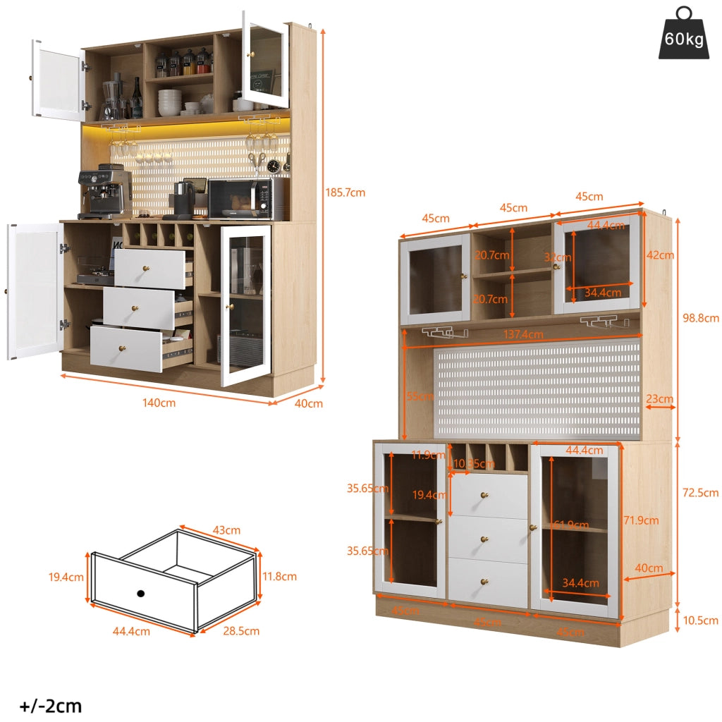 Hochschrank mit smartem LED-Licht, Weinregal und verstellbaren Einlegeböden, 140x40x185,7 cm, Weiß