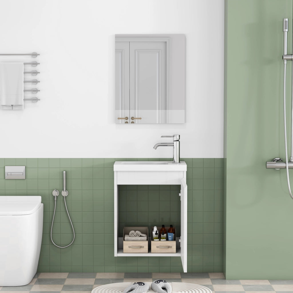 Mobile bagno sospeso 40 cm bianco lucido con lavabo in ceramica e specchio, design senza maniglie, cerniere ammortizzate, salvaspazio, completamente preassemblato