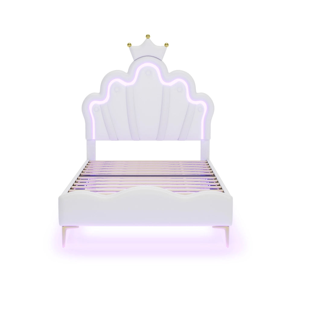 Crown Shape Princess Single Bed 90x200cm con strisce LED in PU bianca