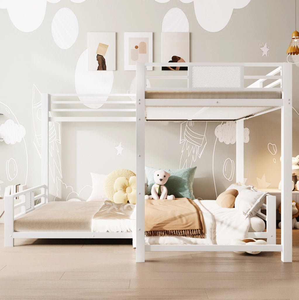 Letto a castello ad angolo in metallo bianco 90x200 cm sopra 140x200 cm