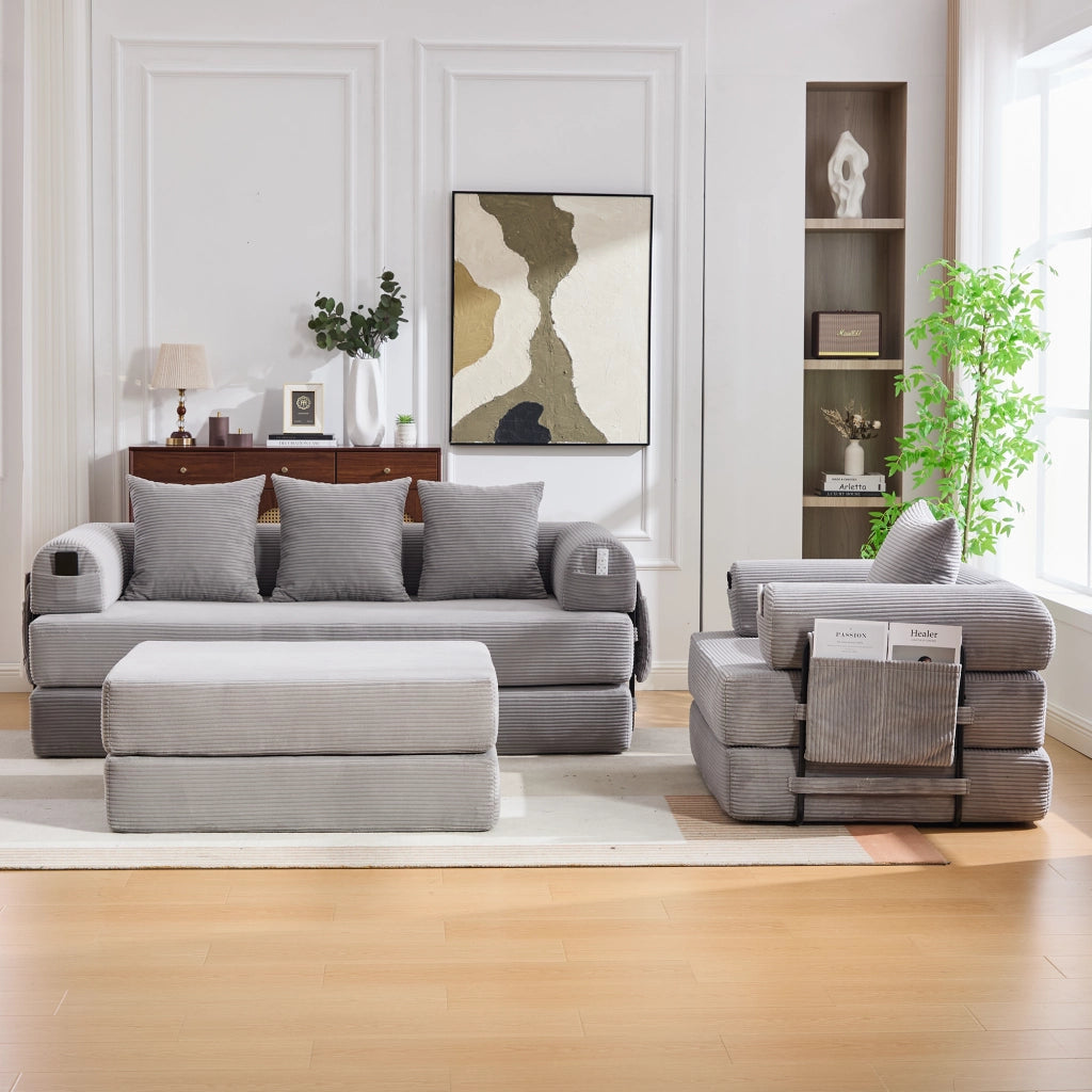 Set divano modulare 3 posti con poltrona e pouf in velluto a coste grigio chiaro