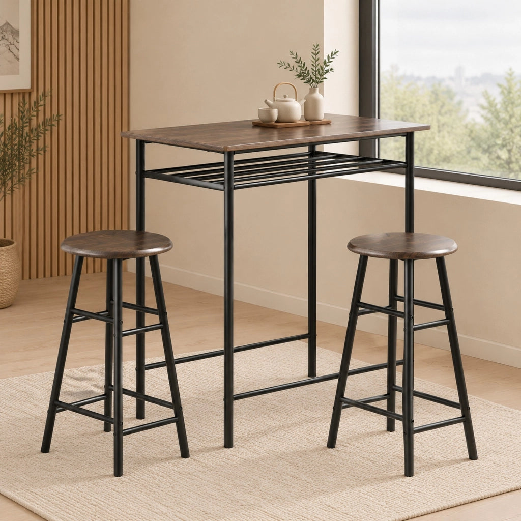 Tavolo da bar con 2 sgabelli e ripiano portaoggetti in MDF e metallo nero per cucina 80 × 50 × 90 cm casa