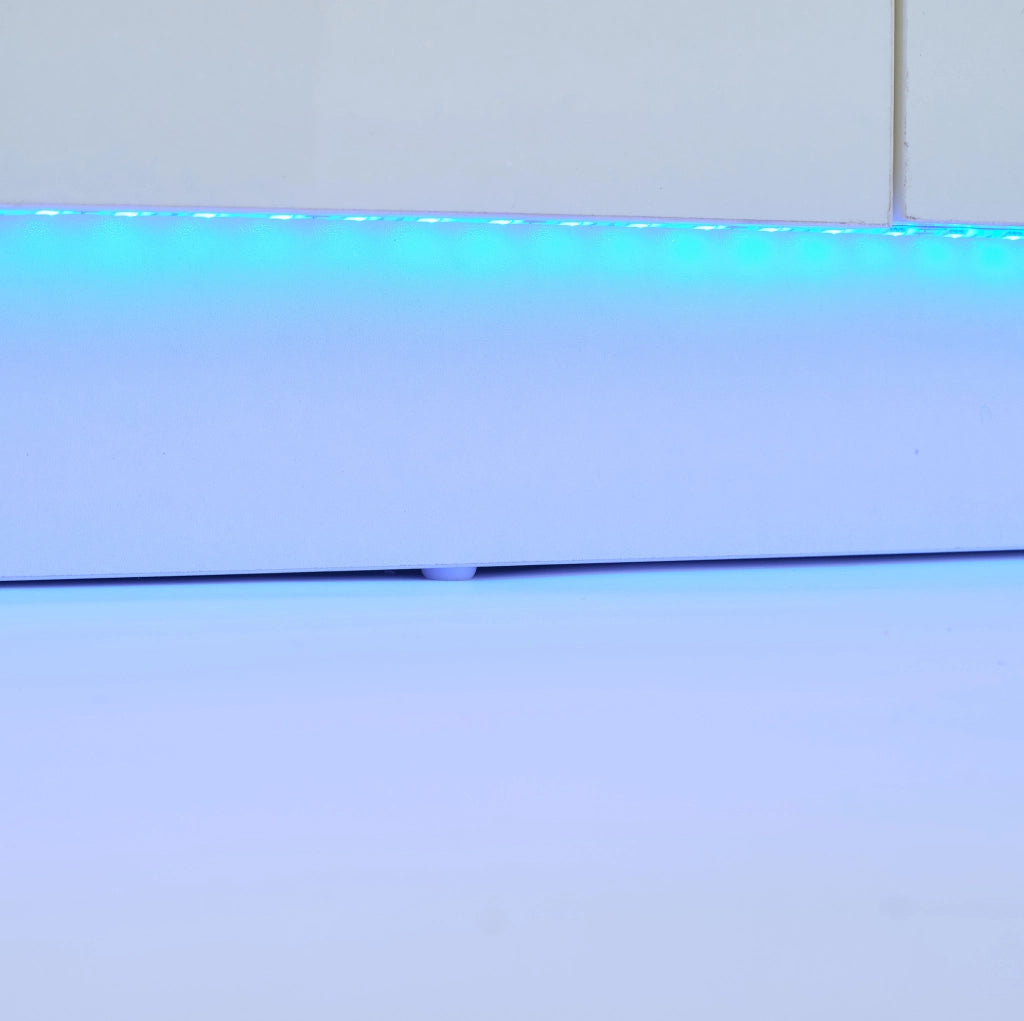 Madia 120x40x75 cm bianca con ante lucide; LED e ripiani regolabili HOMVRA
