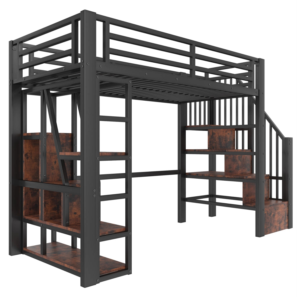 Letto a soppalco per bambini 90x200 cm con LED; ripiani e gradini contenitore; metallo e MDF nero