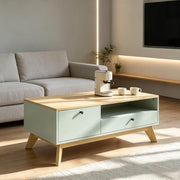 Tavolino da caffè rettangolare in MDF verde chiaro con cassetto; anta e vano aperto; 100x50x40 cm