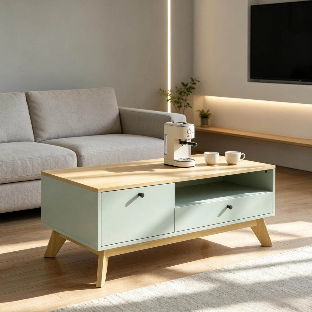 Tavolino da caffè rettangolare in MDF verde chiaro con cassetto; anta e vano aperto; 100x50x40 cm