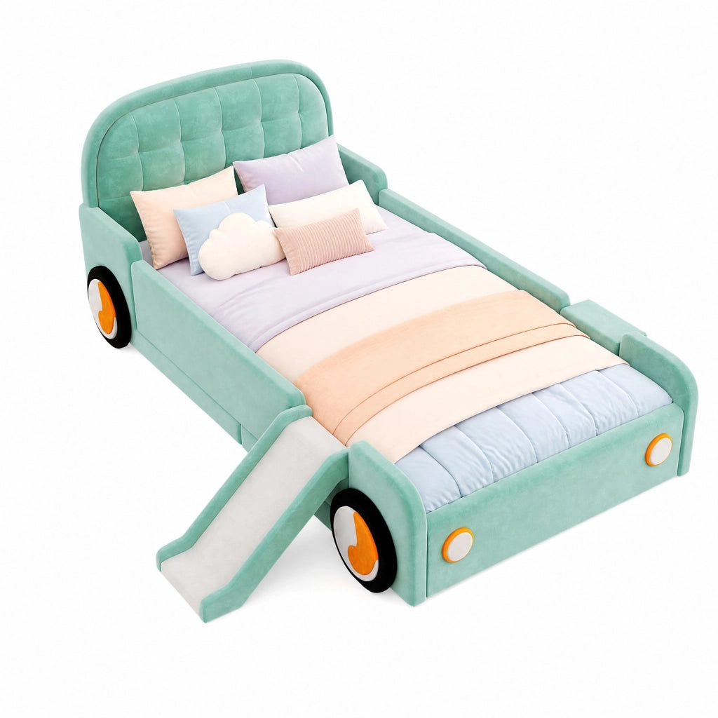 Letto per bambini a forma di auto con scivolo e scala 90x200 cm in velluto blu-verde