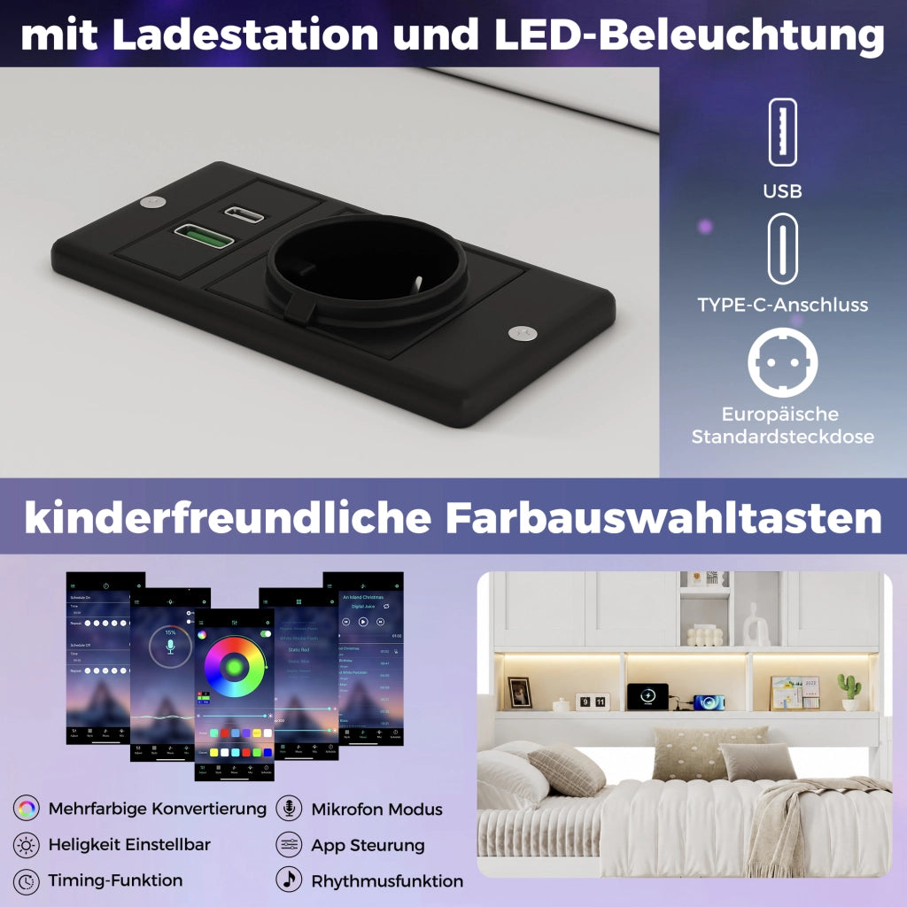 Letto singolo 90 × 200 cm con LED USB e USB-C cassetti ripiani testiera imbottita in PU MDF bianco