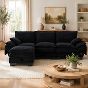 Divano modulare 3 posti 260x132x84 cm in velluto a coste nero con pouf
