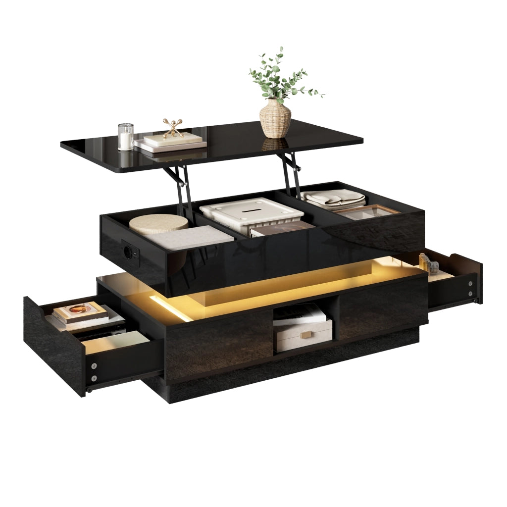 Tavolino da caffè alzabile con 1 cassetto, vani aperti, presa integrata e LED, in MDF nero, 90 × 48 × 42.5 cm