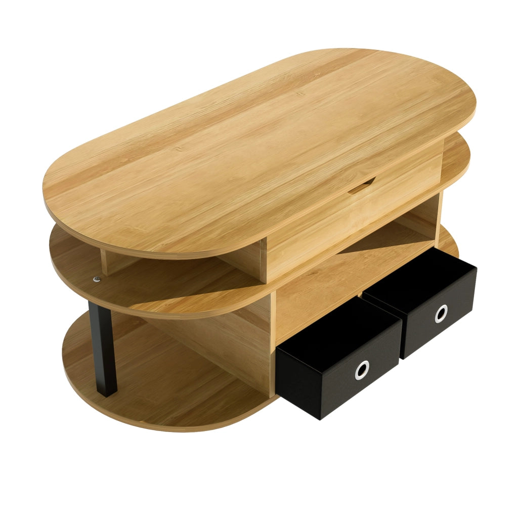 Tavolino da salotto con effetto legno, funzione alzabile, cassetti in tessuto nero e vano portaoggetti – 105x50x45/60 cm