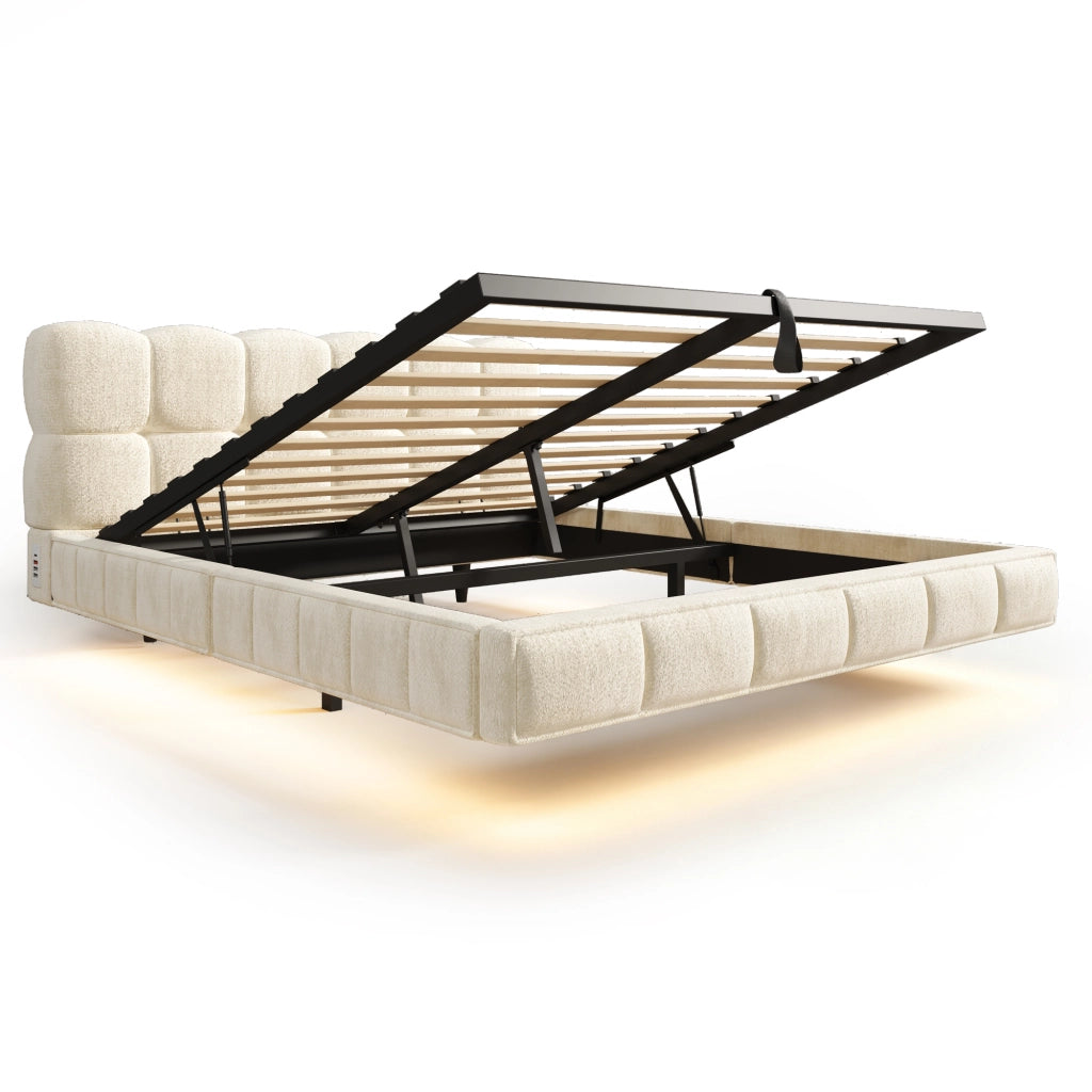 Desviae Letto matrimoniale 140 × 200 cm con contenitore LED e ricarica USB Tipo-C in chenille beige con rete a doghe