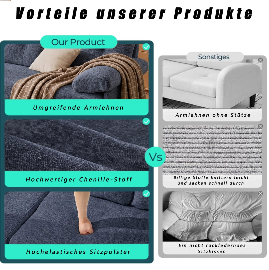 Divano ad angolo a 3 posti 187,5 cm in tessuto Chenille blu con braccioli imbottiti e piedini in metallo