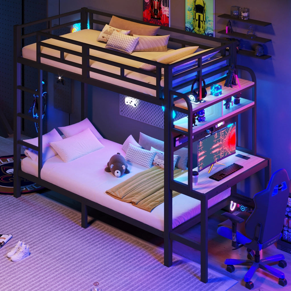 Letto a castello 90 × 200 cm 1 posto con scrivania; mensole; LED e USB; senza materasso; in metallo nero
