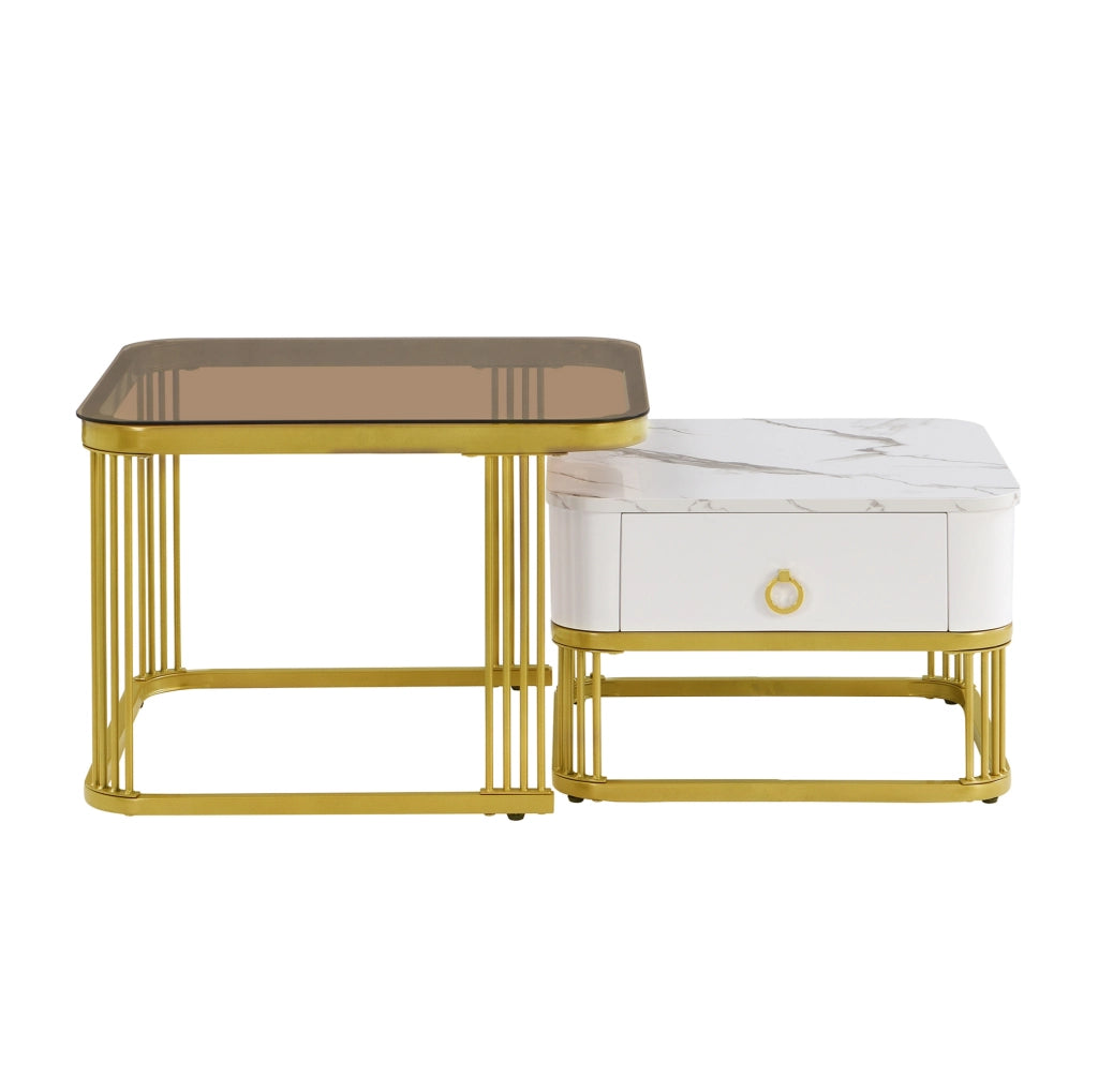 Set di 2 tavolini da salotto a incastro con cassetti in MDF bianco e oro