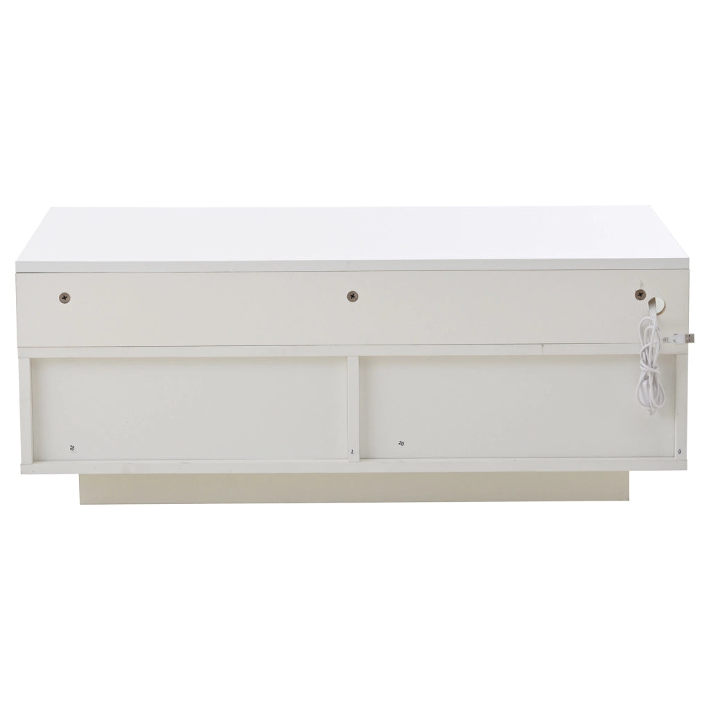 Tavolino da salotto bianco lucido 90x45x35,5 cm con 2 cassetti in acrilico, vetrate laterali in vetro temperato, ripiano estraibile e illuminazione LED controllabile via app