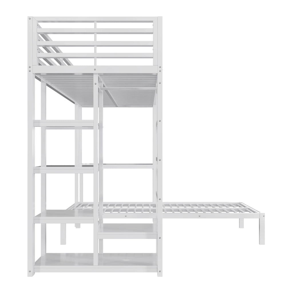 Letto a castello 90 x 200 cm, struttura in metallo, con scrivania, presa di ricarica, 4 ripiani portaoggetti, bianco