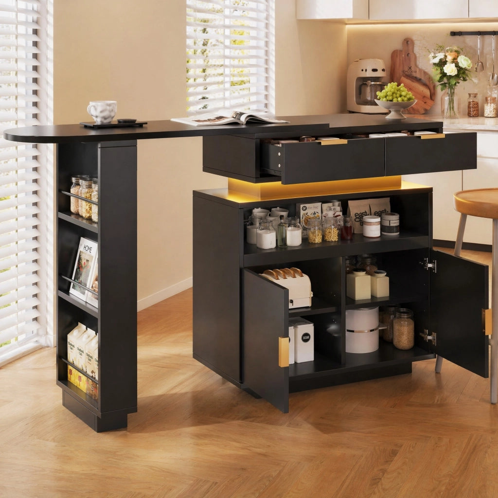 Tavolo da bar allungabile con piano girevole e LED Bluetooth; 115-183x40x99;5 cm; MDF nero