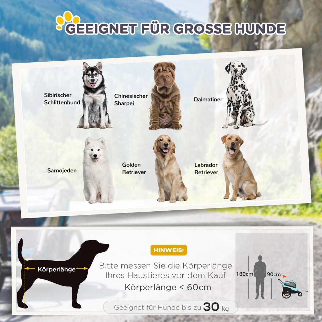 Rimorchio per cani 2 in 1 fino a 30 kg convertibile in passeggino blu per bici da 24 a 28 pollici con riflettori