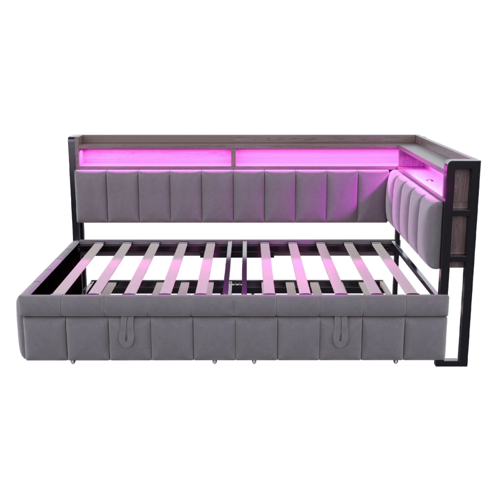 Divano letto estraibile 90x200 cm con LED, USB e USB-C in velluto