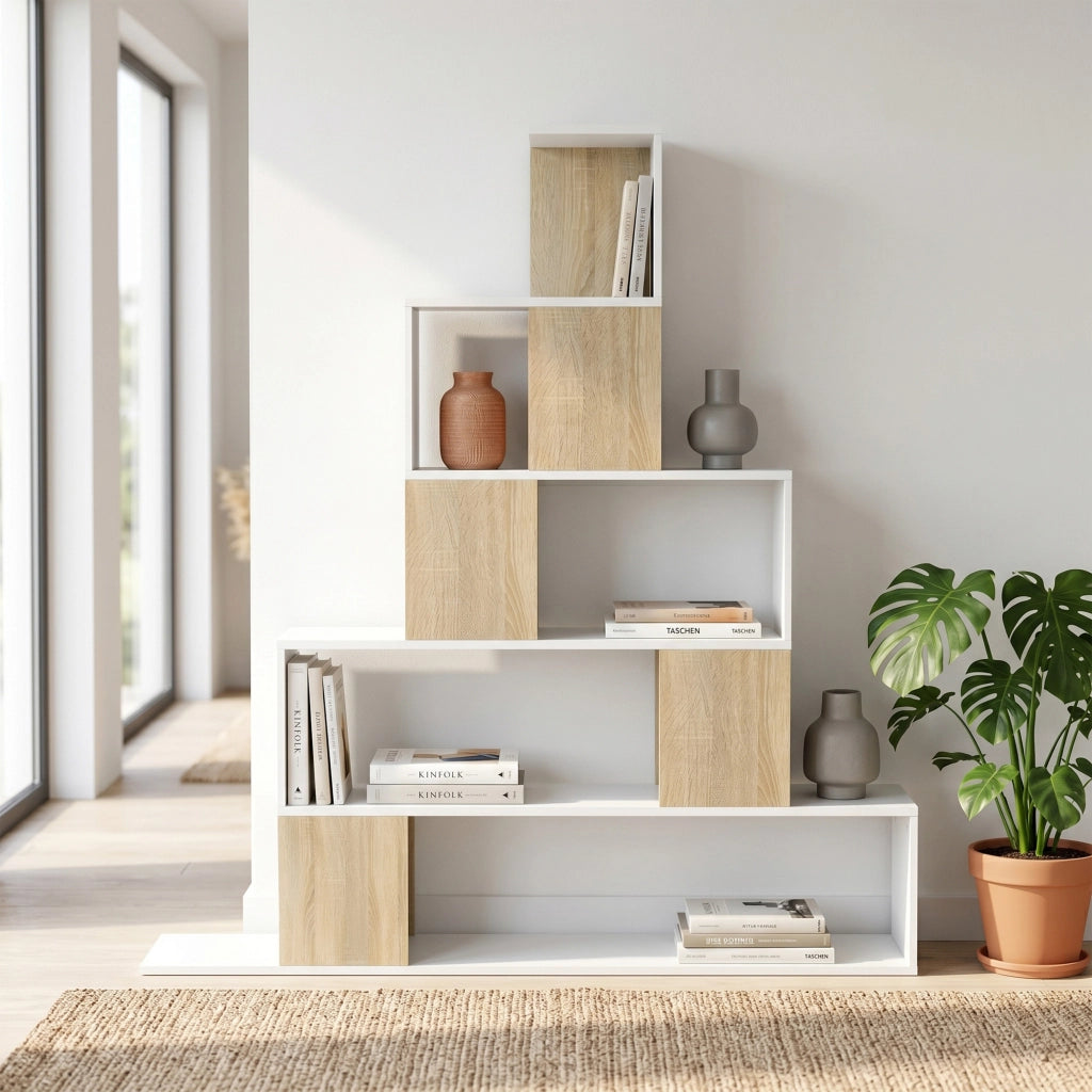 Libreria 5 Livelli ¨C Minimal ¨C Bianco e Legno Naturale 80x30x