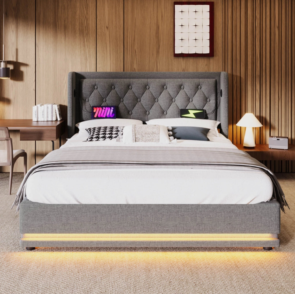 Letto matrimoniale 180x200 cm in cotone con LED e contenitore