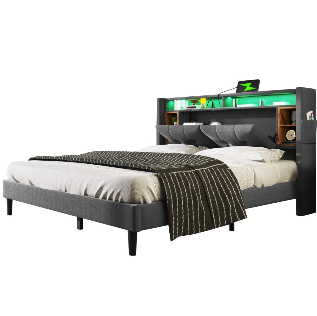 Letto imbottito con testiera contenitore; USB e LED; 160x200 cm; grigio