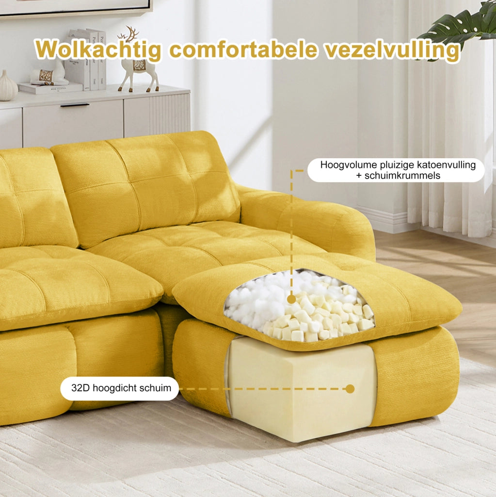Divano modulare ULEVR 334x160x68 cm in ciniglia gialla, senza struttura rigida, con pouf e moduli riconfigurabili