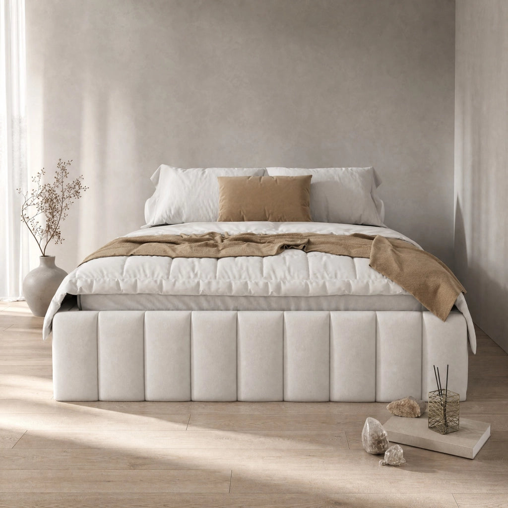 Letto con cassetti 140 × 200 cm con rete a doghe senza testiera in velluto e MDF beige