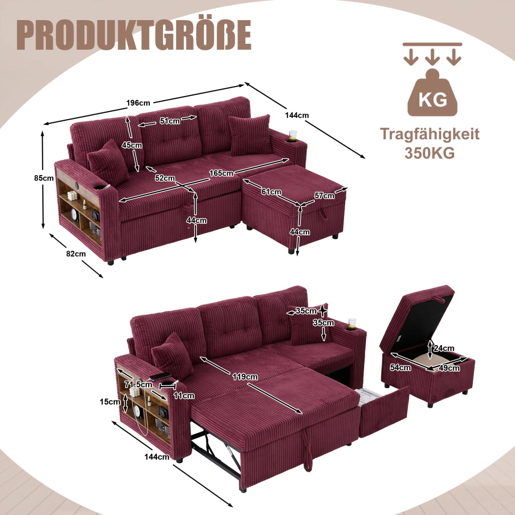 Divano letto modulare con contenitore; USB-C e LED - in velluto a coste - rosso vino