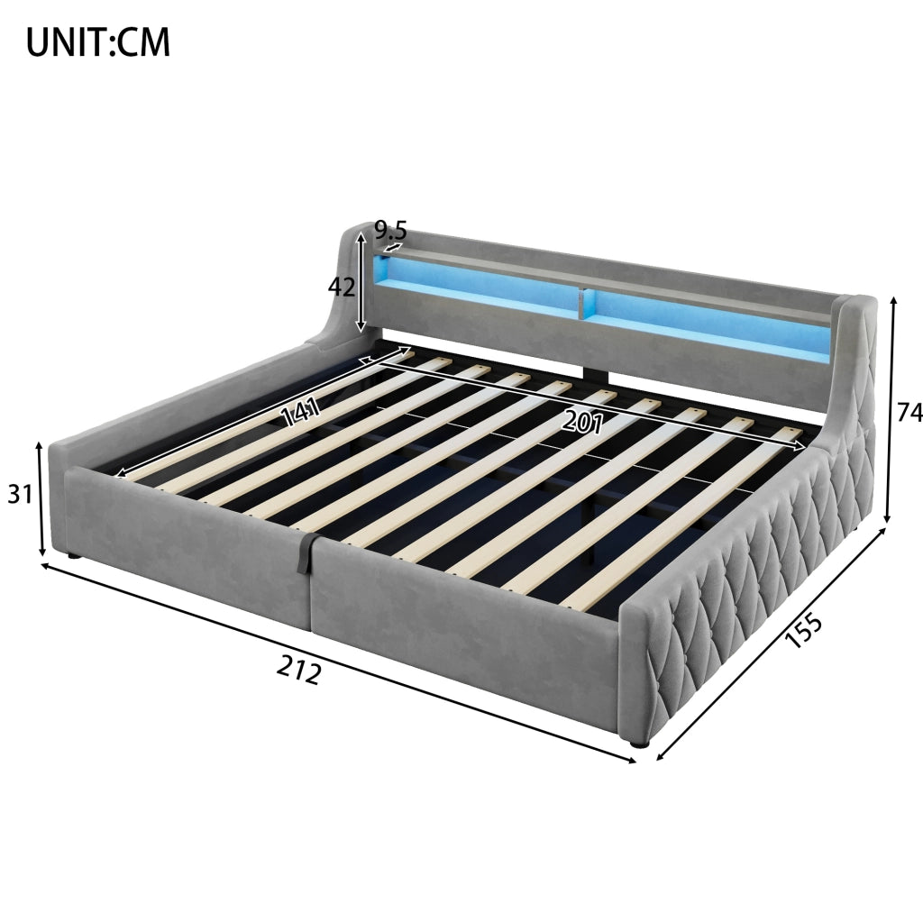 Letto imbottito 140 x 200 cm con vano contenitore e testiera LED; grigio