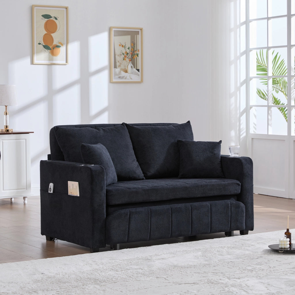 Divano letto convertibile con tasche laterali e 4 cuscini - in ciniglia nera