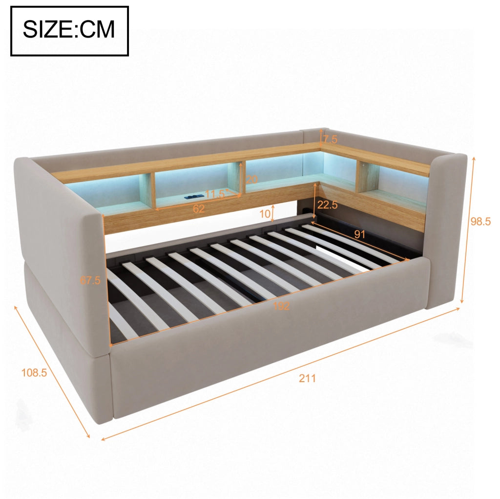 Divano Letto Imbottito 90x190 cm con Contenitore Idraulico, LED e Prese, Colore Grigio Scuro