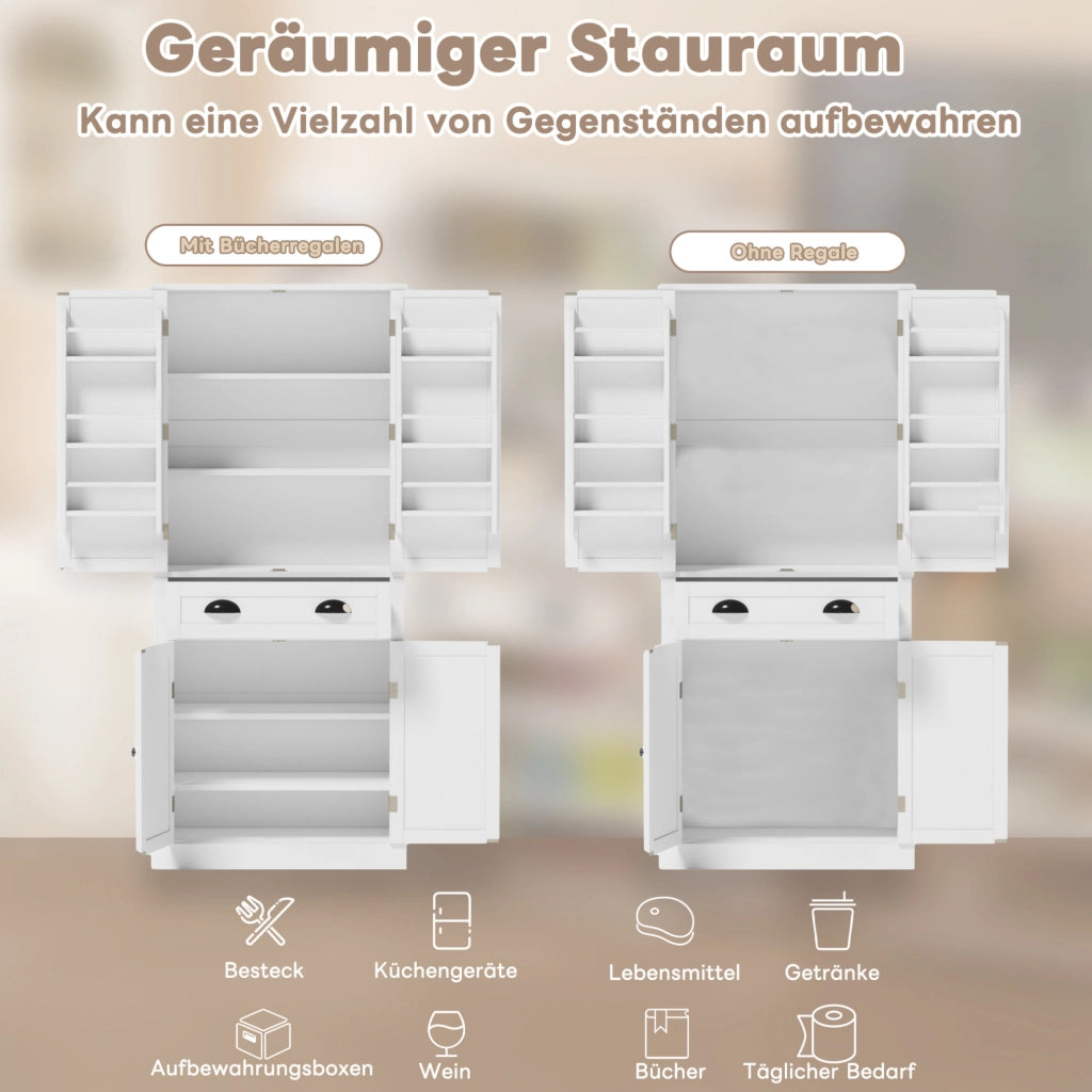 Credenza alta da cucina 80x40x182 cm con 4 ante; cassetto e ripiani regolabili in MDF bianco