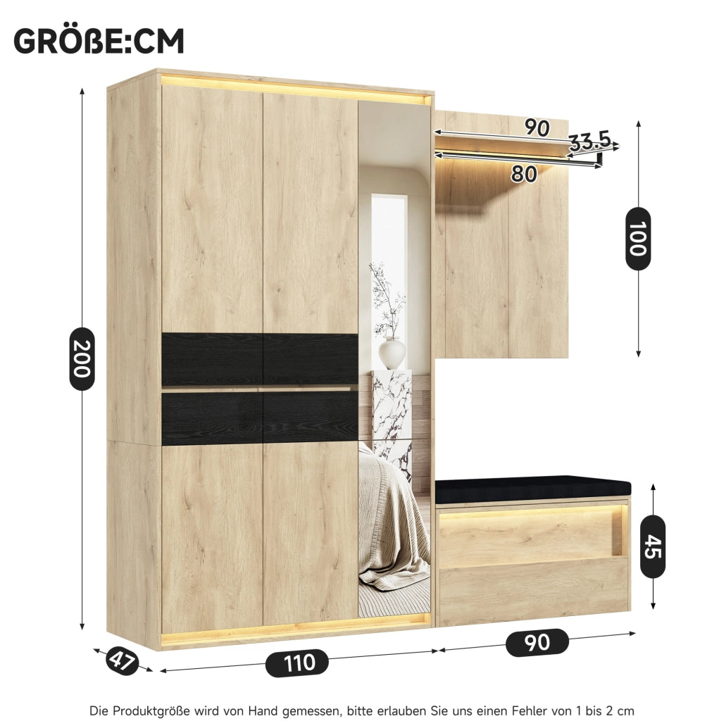 Set guardaroba con specchio; 3 luci LED e panca; 200 ¡Á 47 ¡Á 200 cm; MDF color legno