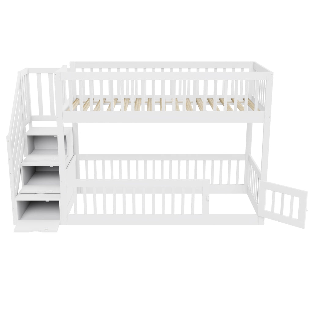 Letto a castello 90×200 cm, letto 2 posti con scala a cassetti, porta inferiore, senza materasso, bianco