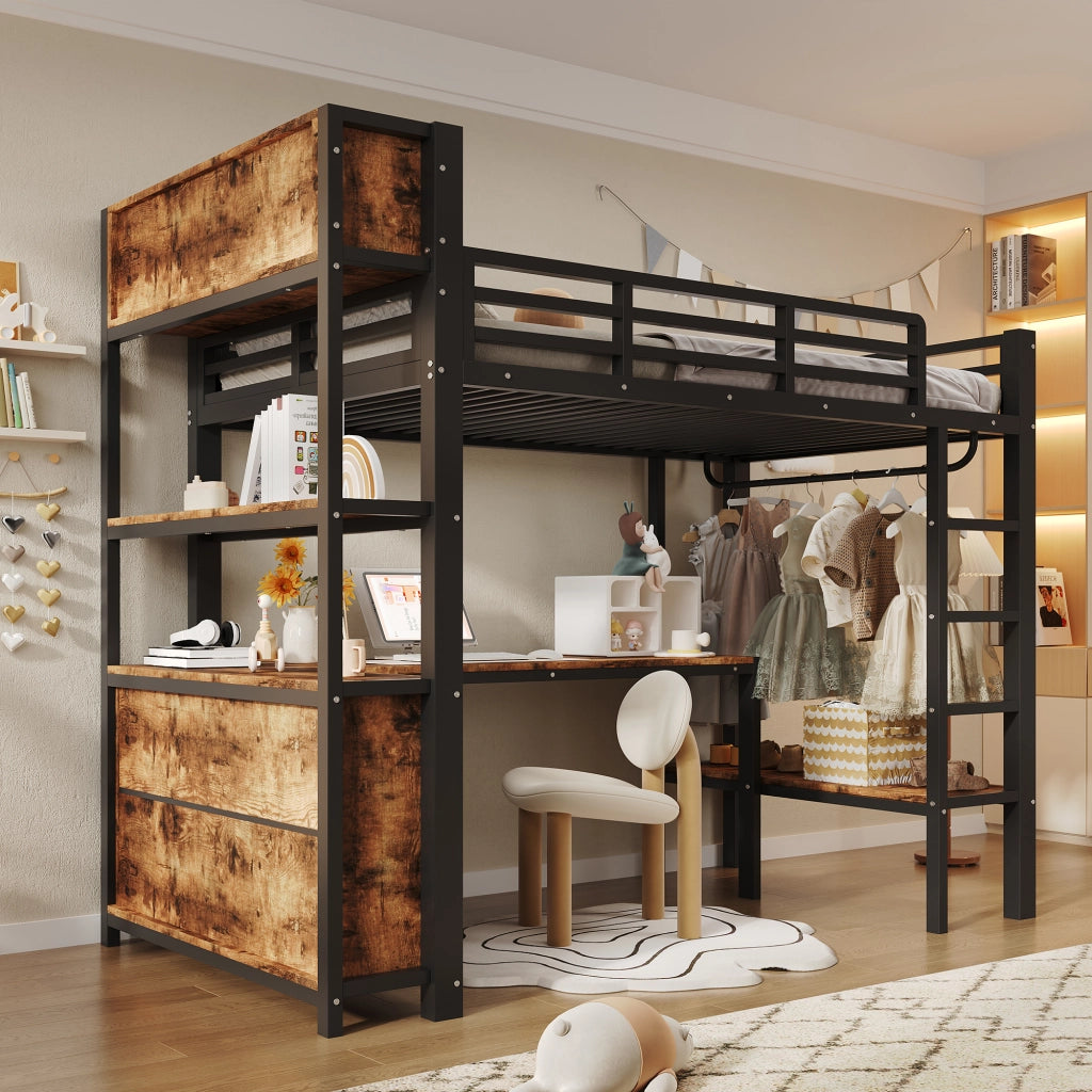 Letto a soppalco per bambini 90x200 cm con scrivania; appendiabiti; ripiani e vani; metallo e MDF nero