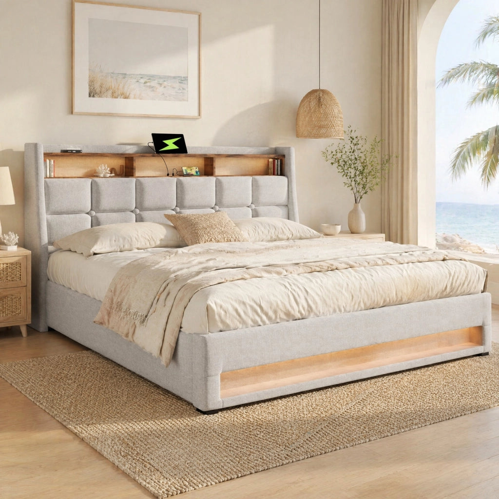 Letto contenitore 160 × 200 cm con LED e USB testiera imbottita rivestito in lino beige chiaro con rete a doghe