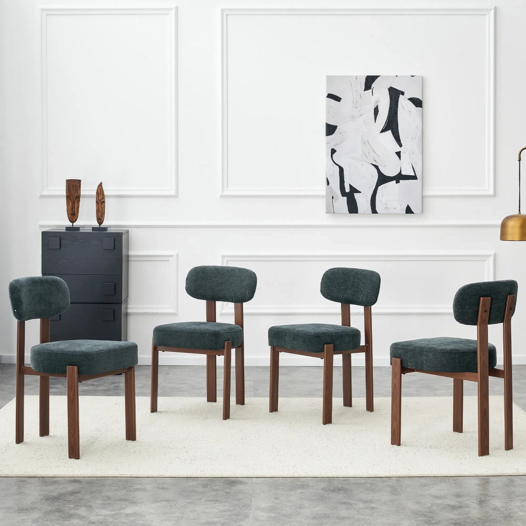 Set 4 sedie da pranzo stile moderno metà XX sec., in lino con schienale curvo e imbottitura spessa, design rustico per cucina
