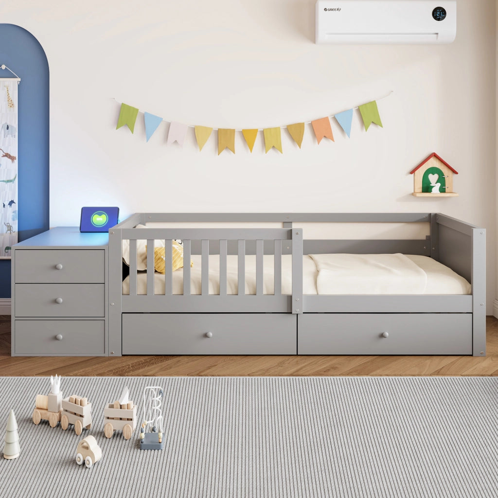 Letto per bambini 90 x 200 cm - letto singolo con contenitore, scrivania, 2 cassetti, ripiani, presa, LED e sponda di sicurezza - legno e MDF - grigio