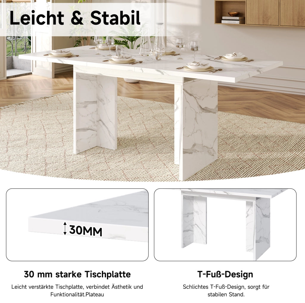 Tavolo da pranzo allungabile 140/180x80 cm; MDF; effetto marmo bianco; per 6-8 persone
