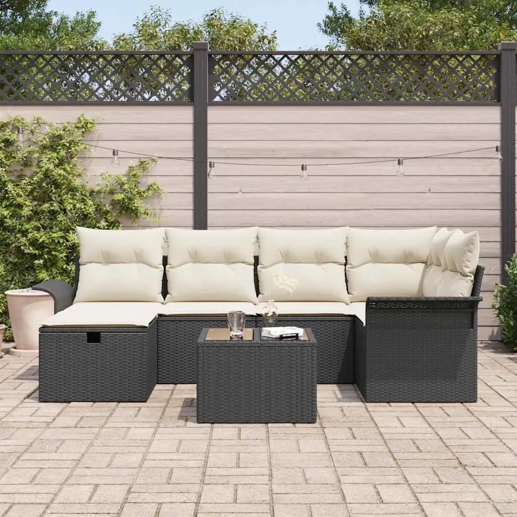Set Divano da Giardino 7 pcs Nero e Crema polyrattan