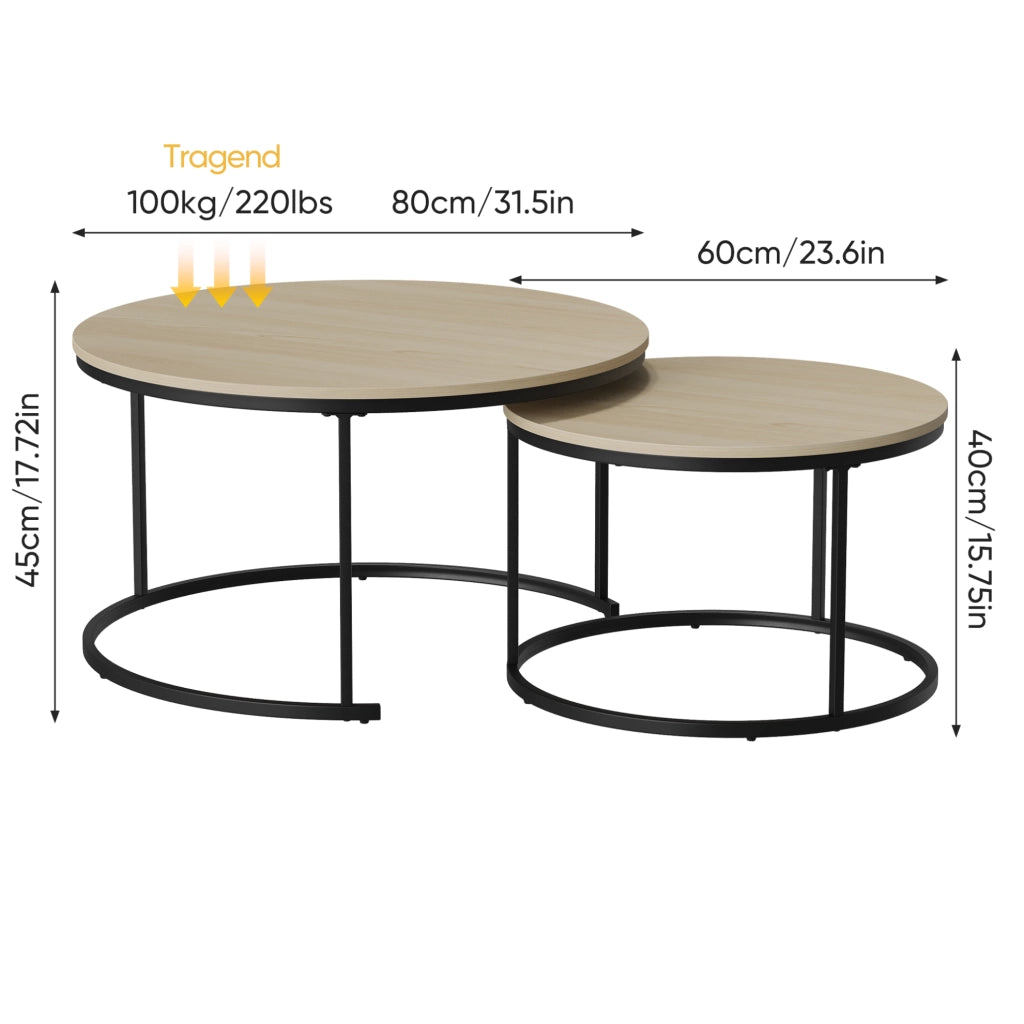 Set 2 tavolini da caffè rotondi impilabili ?80/60 cm; truciolare e ferro; colore rovere