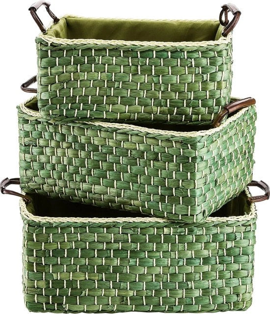 Set di 3 Cestini di Archiviazione Tessuti, Cestino di Organizzazione a Maniglione con Paglia di Granturco, Set di Cestini Tessuti Manuali per l'Organizzazione della Camera da Letto, Sala, Lavanderia, Cucina o Ufficio, Verde