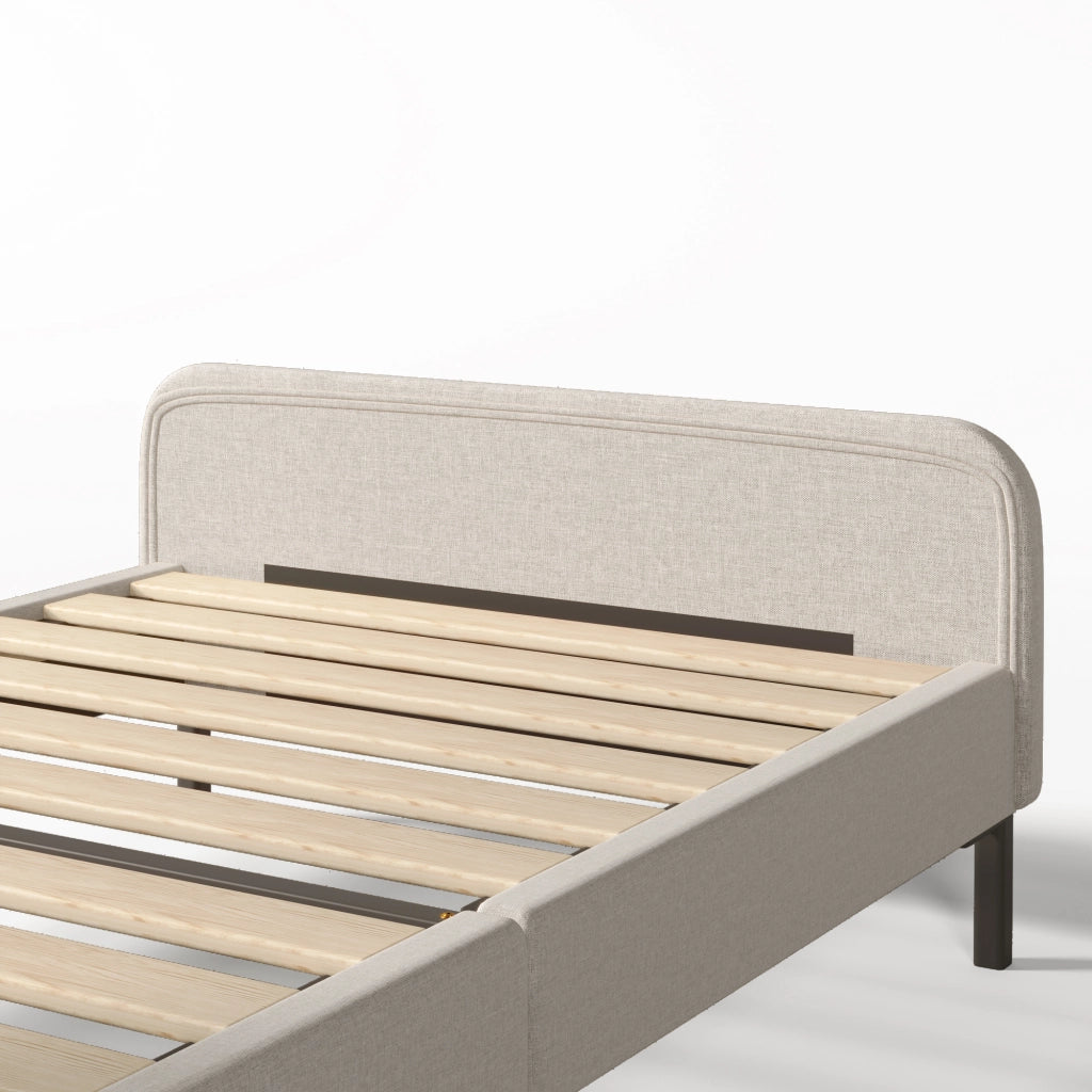 Letto imbottito 90 x 190 cm; letto singolo con rete a doghe; testiera regolabile; struttura in legno; rivestimento in lino; grigio-beige chiaro