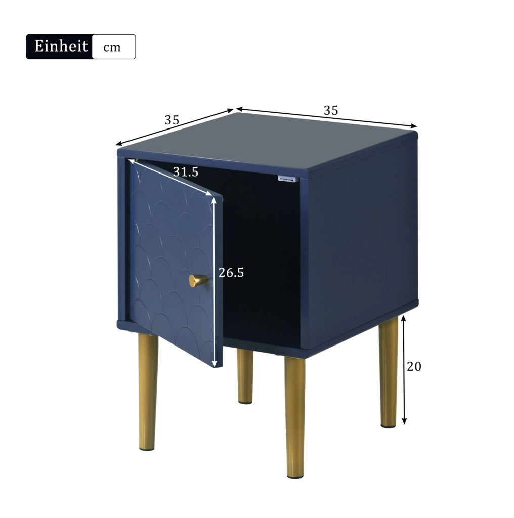 Comodino blu navy con motivo a squame e gambe in metallo