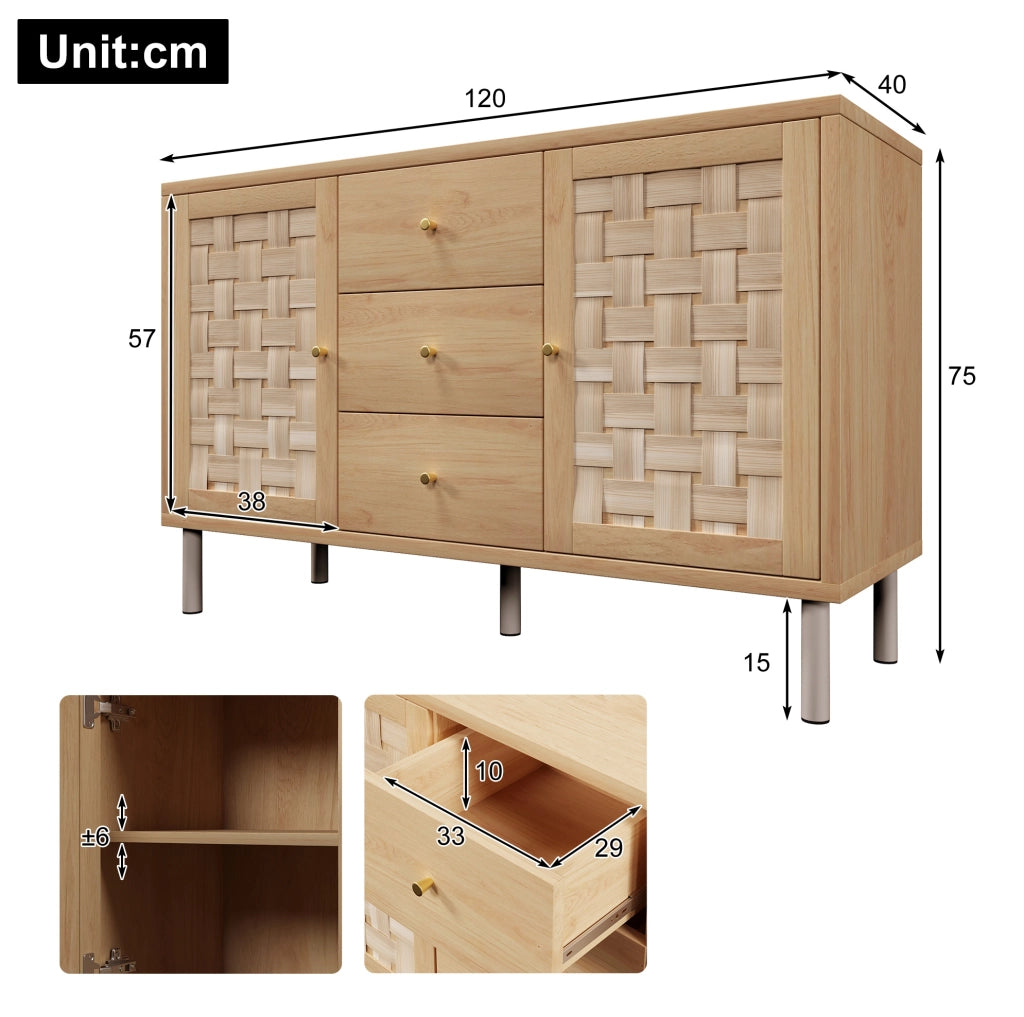 Credenza 120x40x75 cm con 2 ante; 3 cassetti e ripiani regolabili effetto rovere HOMVRA