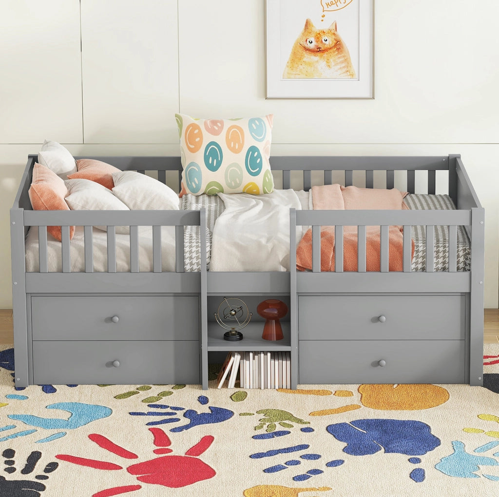 Letto a mezza altezza in pino e MDF 90x200 cm con 4 cassetti, sponda di sicurezza e scala, colore grigio