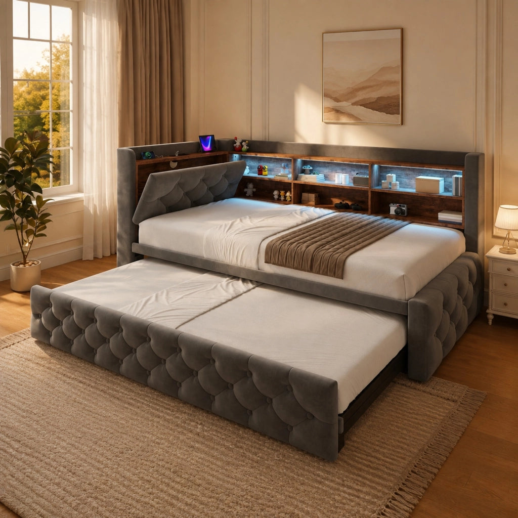 Divano letto estraibile 90x190 cm in velluto grigio scuro con LED e USB